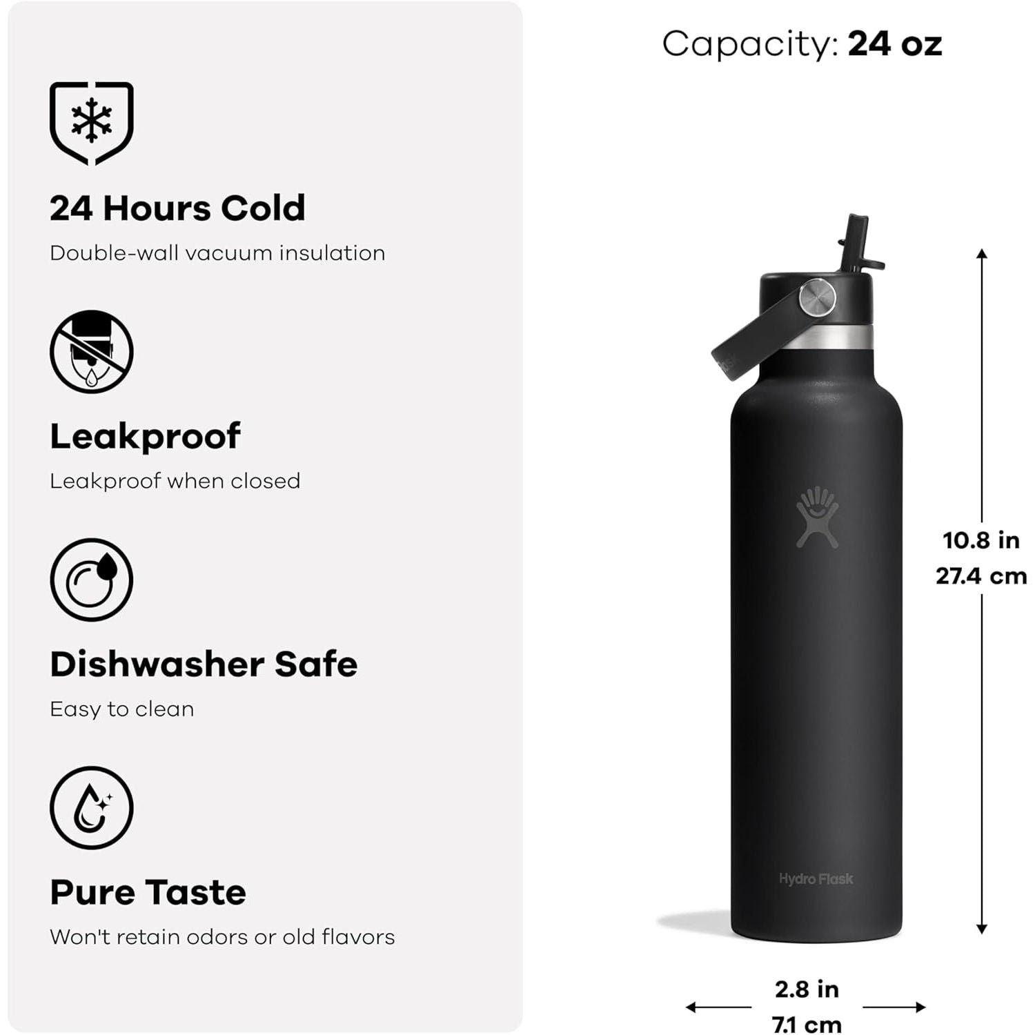 Hydro Flask Water Bottle - Insulated Stainless Steel - Straw Lid, Non Spill, Leakproof in 24 Oz Capri Blue