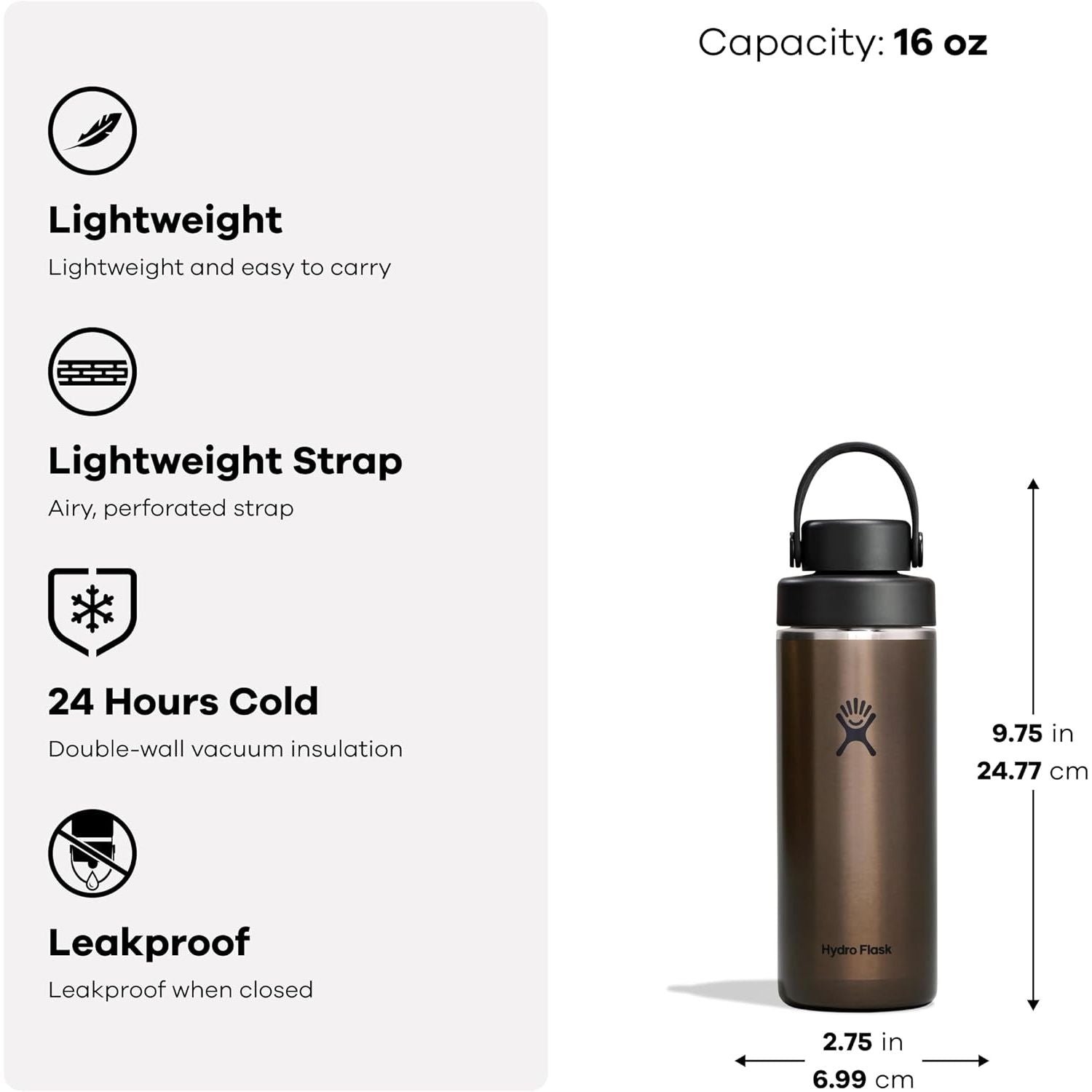 Hydro Flask Lightweight Wide Flex Chug Cap - Insulated Stainless Steel Water Bottle 16 Oz Obsidian