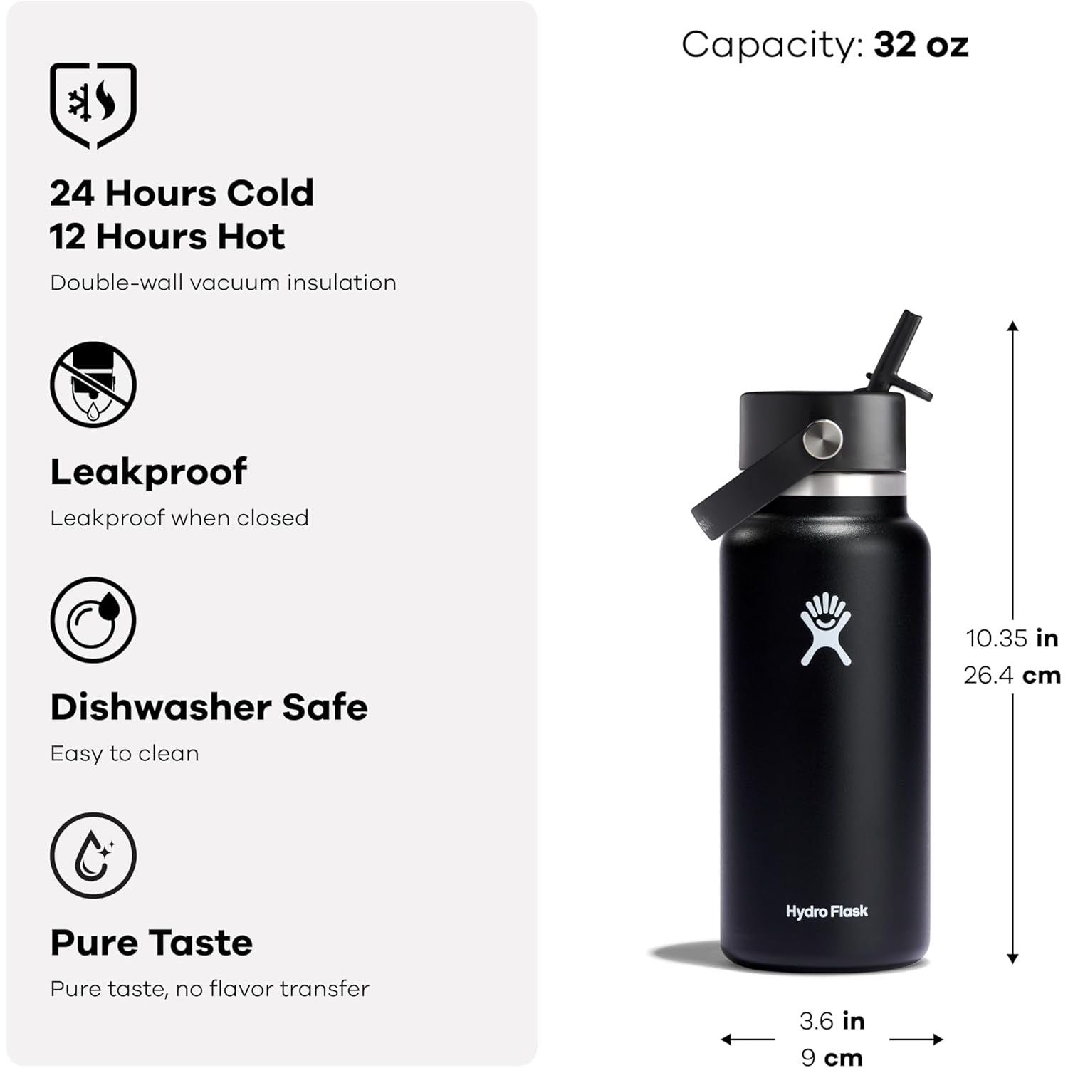 Hydro Flask Water Bottle - Insulated Stainless Steel - Wide Straw Lid, Non Spill, Leakproof in 32 Oz Fossil Brown