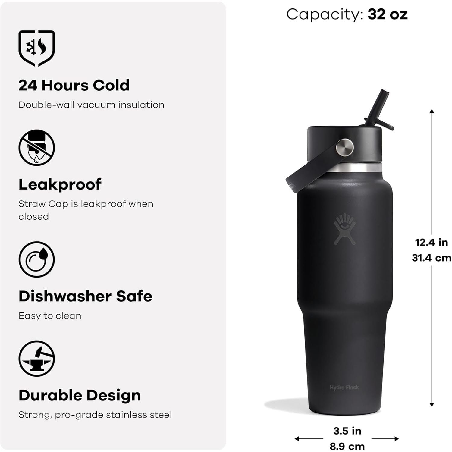 Hydro Flask Travel Water Bottle - Insulated Stainless Steel - Wide Straw Lid, Non Spill, Leakproof in 32 Oz Tonal White Hydro Flask