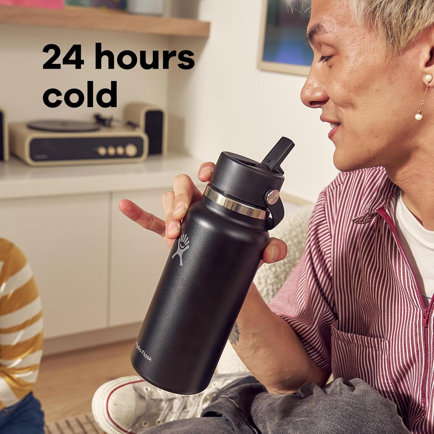 Hydro Flask Water Bottle - Insulated Stainless Steel - Wide Mouth Flex Straw Lid, Non Spill, Leakproof and Refillable in 32 Oz Tonal Black